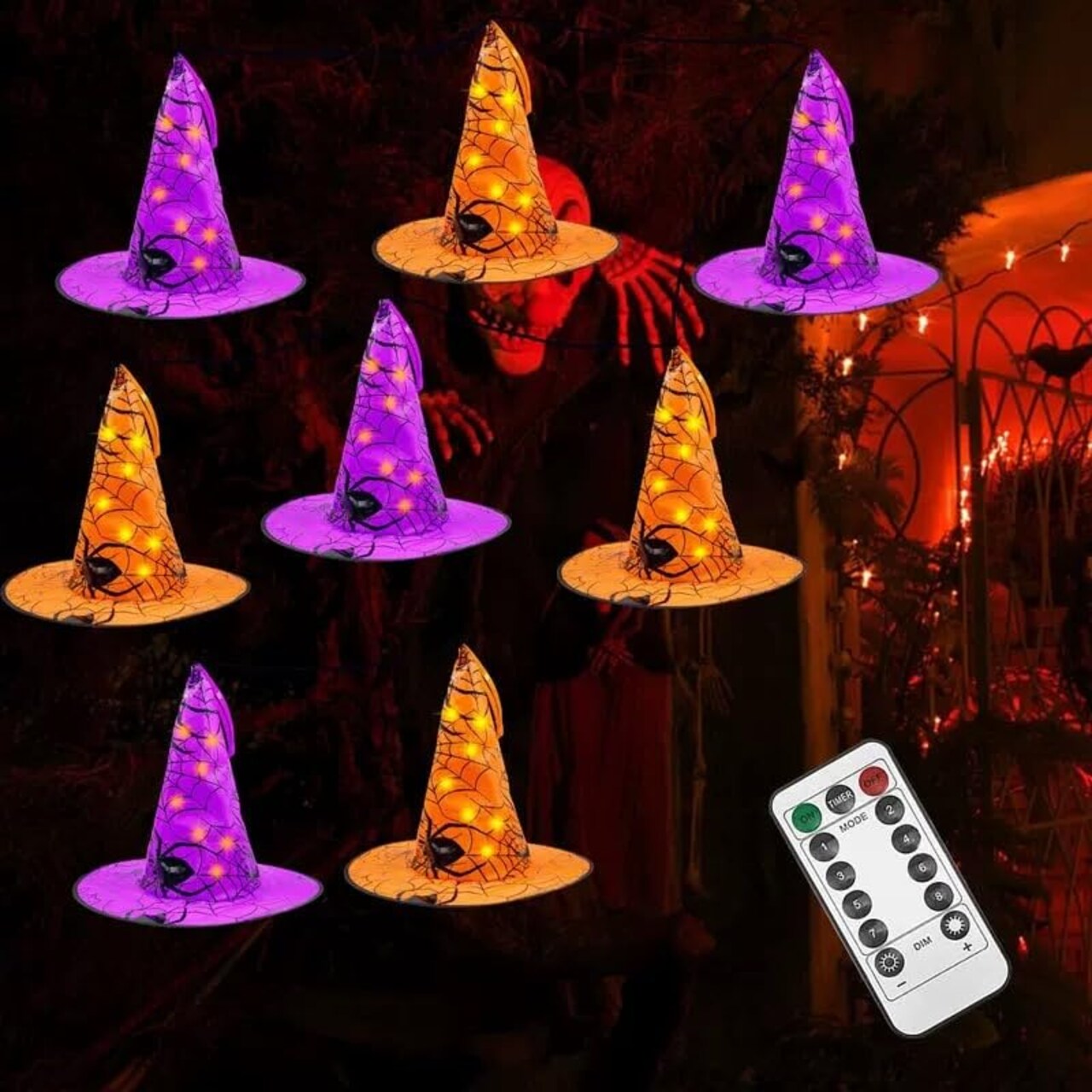 Halloween Decorations 8 Pcs Lighted Hanging Witch Hats, 14ft 56 LEDs Halloween Indoor Outdoor Remote Control String Lights, Battery Powered with 8 Lighting Modes for Garden, Yard, Tree & Organizer Storage Tote Bag